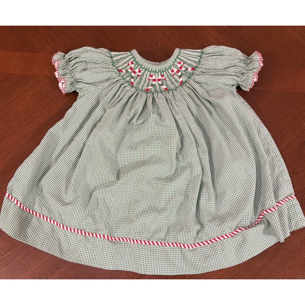 Silly Goose Hand Smocked Christmas Dress 6M Green Gingham Holiday Dress
